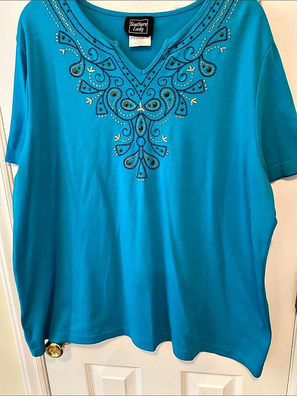 Southern Lady Embroidered V-Neck Tunic in teal blue Size 2X